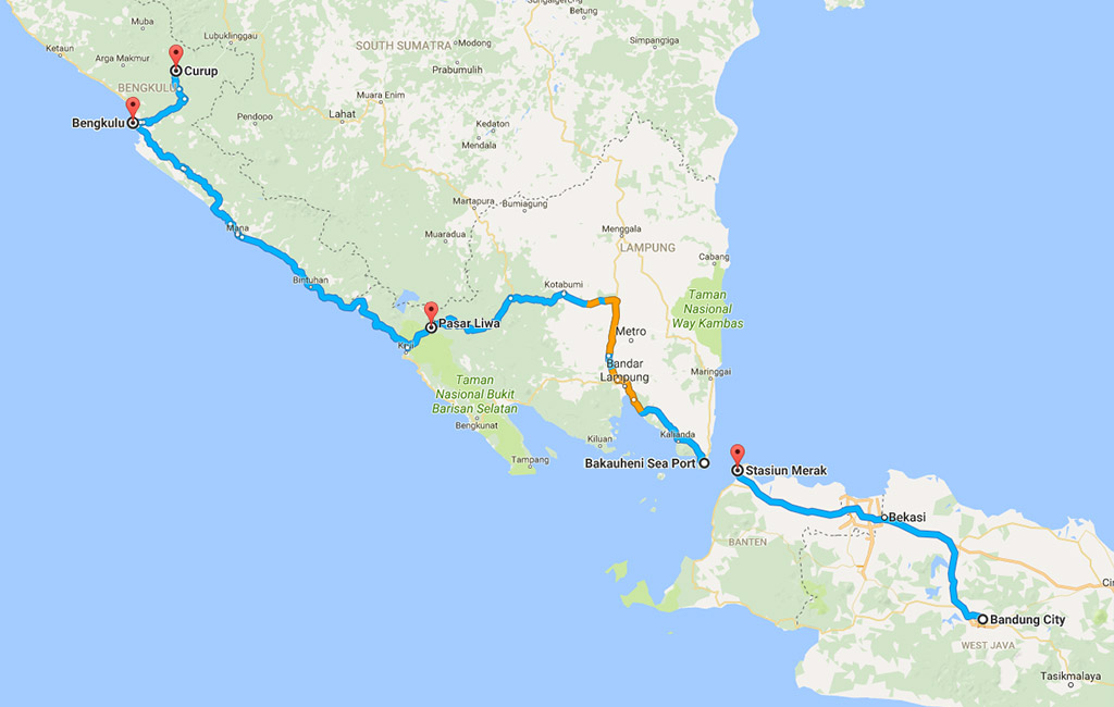 Petualangan 2000km: Bandung ke Bengkulu - Rute yang kami tempuh (warna biru), kira-kira 1000km sekali jalan